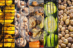 Barbecue vegetables are prepared food collage. Organic food concept