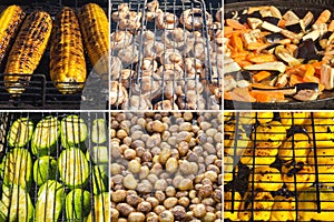 Barbecue vegetables are prepared food collage. Organic food concept