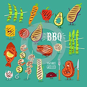 Barbecue vegetbles fish funny set. Vector illustration