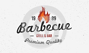 Barbecue vintage logo. BBQ grill logo, emblem, label with fire flame. Template for restaurant, cafe and steak house. Vector illust