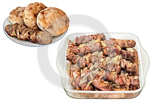 Barbecued Minced Meat Loaves in Glass Baking Pan with Leavened Flatbread and Integral Baguette Isolated on White Background