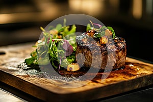 Barbecued steak on a rustic board. Generated with Ai