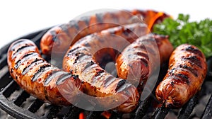 barbecuing with a captivating close-up shot of juicy grilled sausages on the grill, set against a light or white