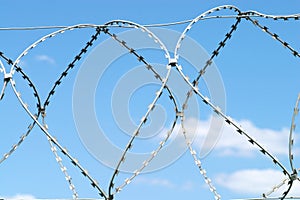 Barbed twisted wire on sky with clouds