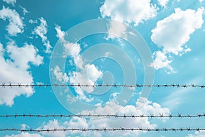 Barbed wire against a blue sky with clouds