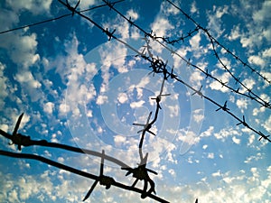 Barbed wire against the sky with clouds