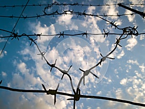 Barbed wire against the sky with clouds