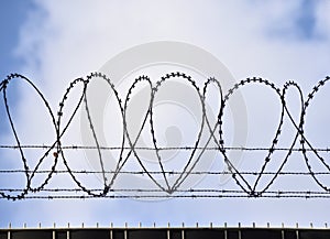 Barbed wire on a background of blue sky with white clouds. The concept of borders, prisons.