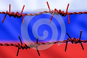 Barbed wire on background of flag of Russia. Sanctions against Russia