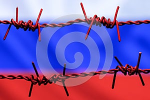 Barbed wire on background of flag of Russia. Sanctions against Russia photo