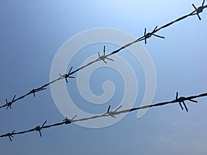 Barbed wire barb wire bobbed wire bob wire steel fencing wire sharp edges photo