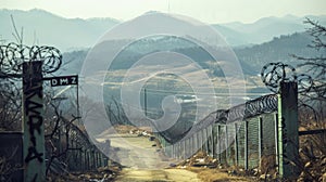 Barbed wire border divides Korea with North Korea in the Demilitarized Zone. Generative AI.