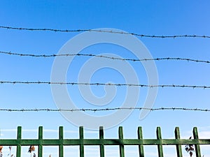 Barbed wire on fence against blue sky. Symbol of unfreedom and deprivation. Unfreedom concept