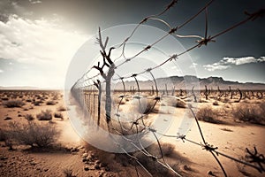 barbed wire fence in a deserted, post-apocalyptic landscape