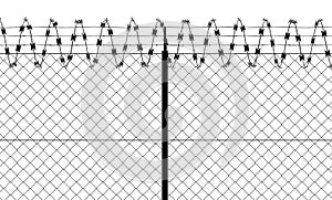 Barbed wire and fence, front view of a wire mesh, black and white. White background and drawing in black