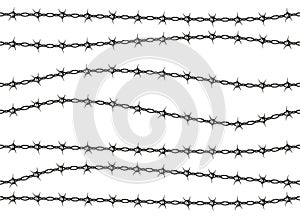 Barbed wire fence pattern. Seamless security border spike silhouette, army military protection frame and line design