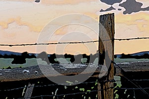 Barbed Wire Fence Posts Against Sky Background Digital Art