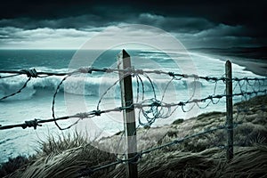 barbed wire fence, with a view of the ocean, in coastal setting