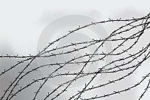 Barbed wire fencing. Fence made of wire with spikes. Black and white illustration to the holocaust. Console camp.