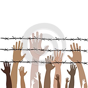 Barbed wire with hands. Illustration on the theme of dictatorship and the Holocaust. Console camp.