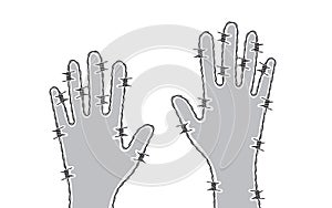 Barbed wire hands. Razor wire. Security fencing. Vector scalable graphics