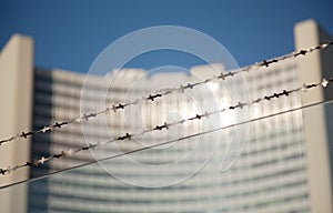 Barbed wire opposite UN building