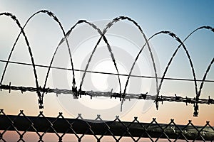 Barbed wire on prison fence, Security concept. 3D rendered illustration.