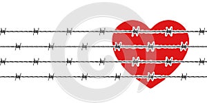 Barbed wire and red heart. Razor wire heart. Vector scalable graphics