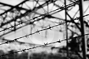 Barbed wire of a refugee camp with impossible escape in dramatic effect photo