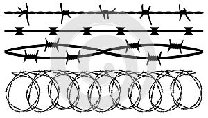 Barbed wire, seamless brush. Barbwire set isolated silhouette, vector background photo