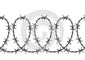 Barbed wire seamless pattern. Sharp barbwire border chain.