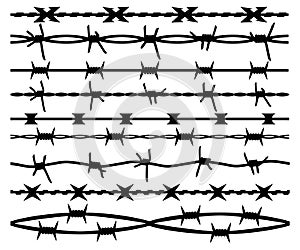 Barbed wire, set seamless brush, isolated silhouette.