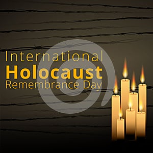 Barbed wire and seven memorial candles, International Holocaust Remembrance Day poster, January 27
