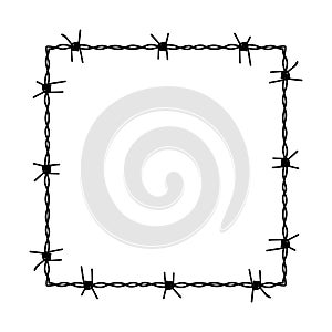 Barbed wire square frame. Black wire border. Silhouette of chain made of wire. Vector illustration isolated on white background.