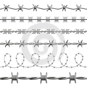 Barbed wire. Steel barriers with thorns decent vector realistic templates