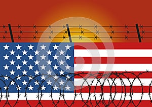 Barbed wire steel on wall made from the american flag. Immigration from Mexico illustration. Concept illustration.