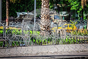 Barbed wire on the streets of capital on Tunis city, Tunisia, Af