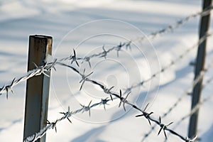 barbed wire stretched between metal posts in a snowy landscape