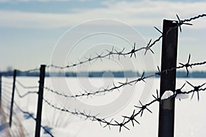 barbed wire stretched between metal posts in a snowy landscape