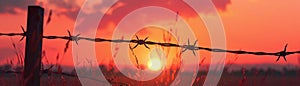 Barbed wire sunset, confinement, silhouette, evening sky , high-resolution