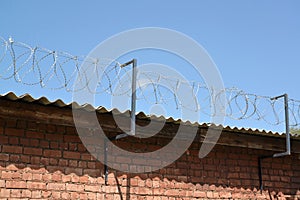 The barbed wire is tense over a brick wall