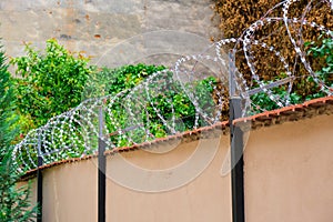 Barbed wire on a wall, security measure against thieves / intruders photo