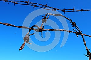 Barbed wire, wire, narrow strip of metal tape, with sharp spikes located on it, used to make barriers. Rusty barbed wire against