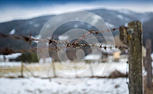 Barbed wire on wooden fence on field covered in snow