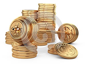 Barbell on a big piles coins. Business concept. Earnings in sports competitions