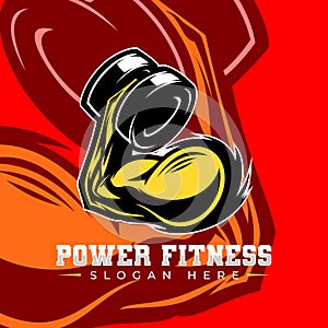 Barbell body builder sport emblem logo. Fitness, gym, exercise vector illustration