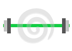 A barbell with bright green shaft and light dark grey weights white backdrop