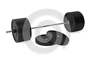 Barbell with chrome handle and black plates in front on floor on white background, sport, fitness, exercise or weightlift concept