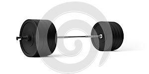 Barbell with chrome handle and black plates perspective view on white background, sport, fitness, exercise or weightlift concept