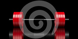 Barbell with chrome handle and red plates in front on black background with reflection, sport, fitness, exercise or weightlift